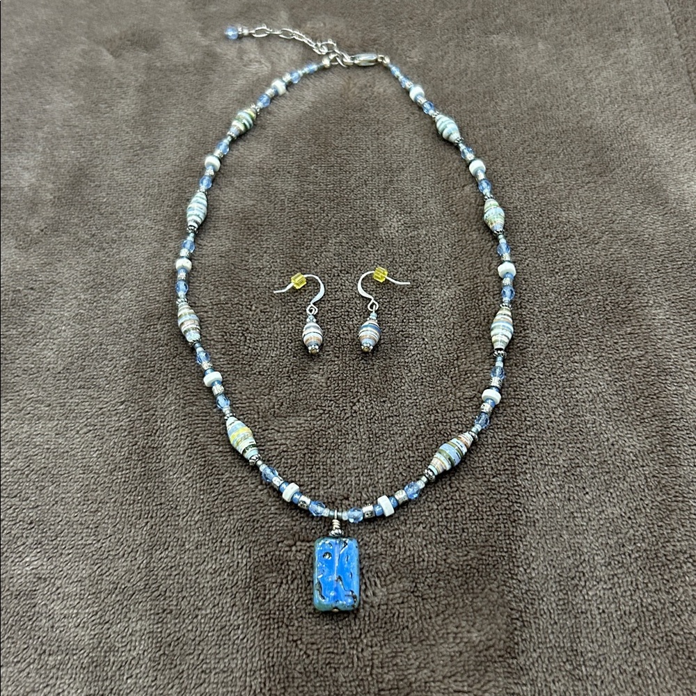 Blue and Silver Beaded Necklace and Earring Set